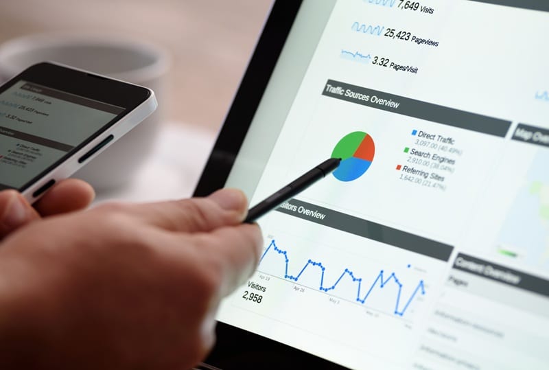 Waterproofing & Foundation Repair Marketing Person using a pen to point at a pie chart and data graphs on a tablet screen, with a smartphone in the other hand, showing website analytics.
